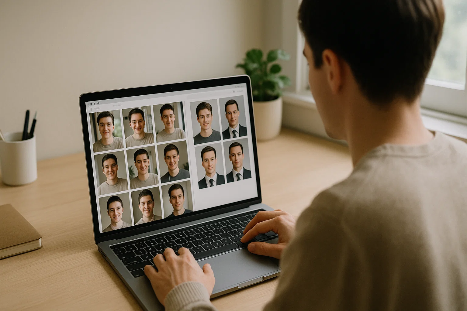 Pessoa prepara selfies e gera headshots em laptop