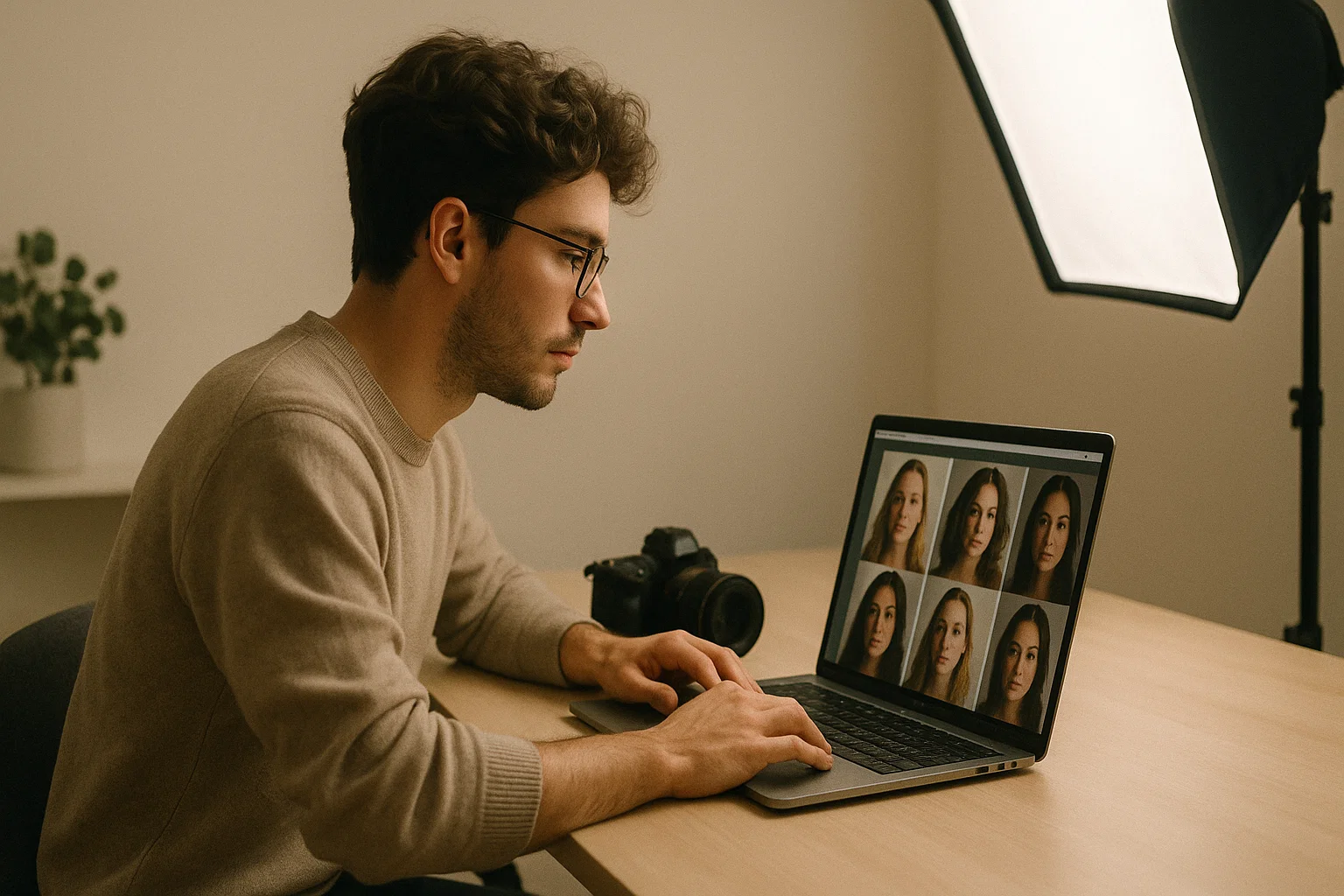 Pessoa cria retratos com IA em laptop em mesa organizada