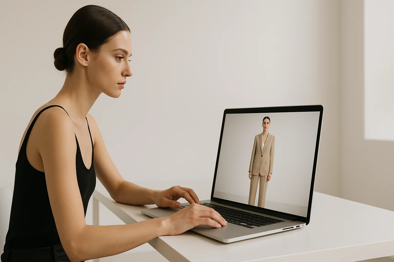 Modelo visualiza roupa aplicada digitalmente em tela de loja online